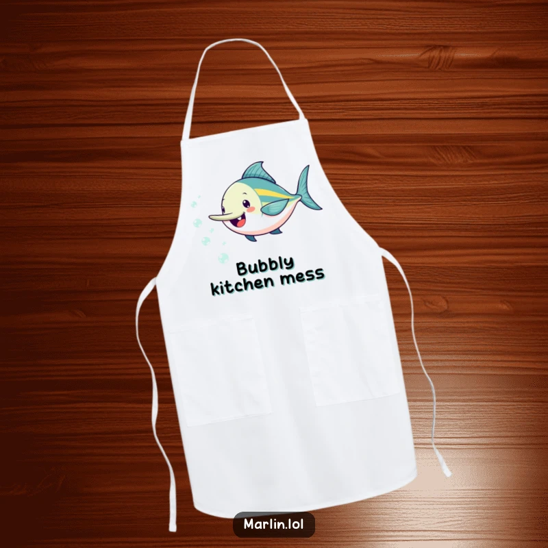 Funny marlin apron featuring a cheerful fish playfully chasing sparkling bubbles, perfect for a fun cooking experience.