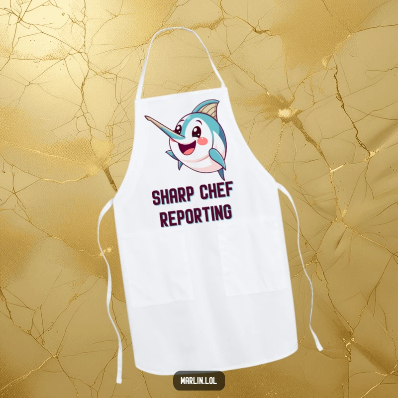 Funny Marlin Apron: A happy marlin character humorously brandishes its pointed bill with excitement, perfect for energetic cooking.