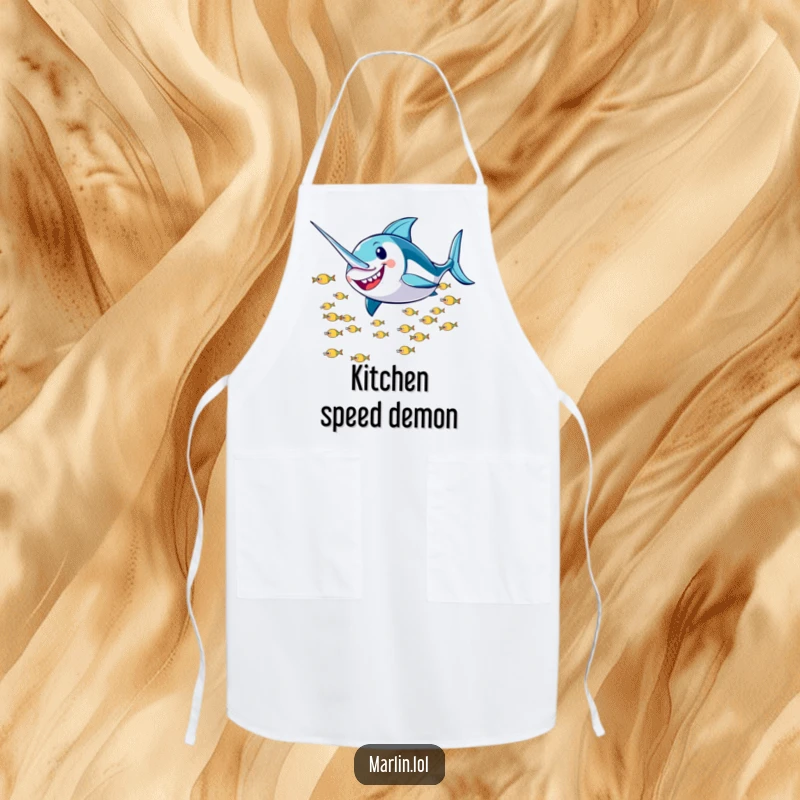 Funny Marlin Apron: A smiling marlin character humorously zooms past a school of fish, adding a playful touch to cooking.