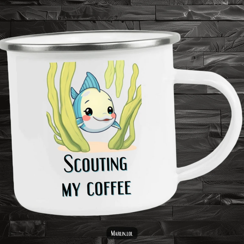 Funny Marlin Camping Mug: A curious marlin character humorously peeks from behind a friendly seaweed frond, ready for outdoor adventures.