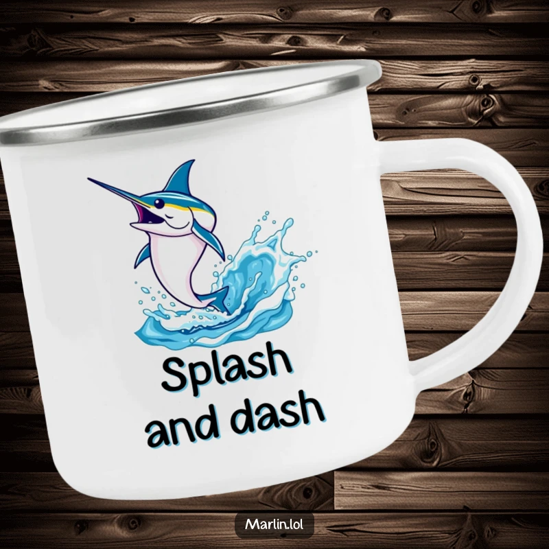 Funny marlin camping mug showing a determined fish leaping high from the water with a splash, built for adventure.