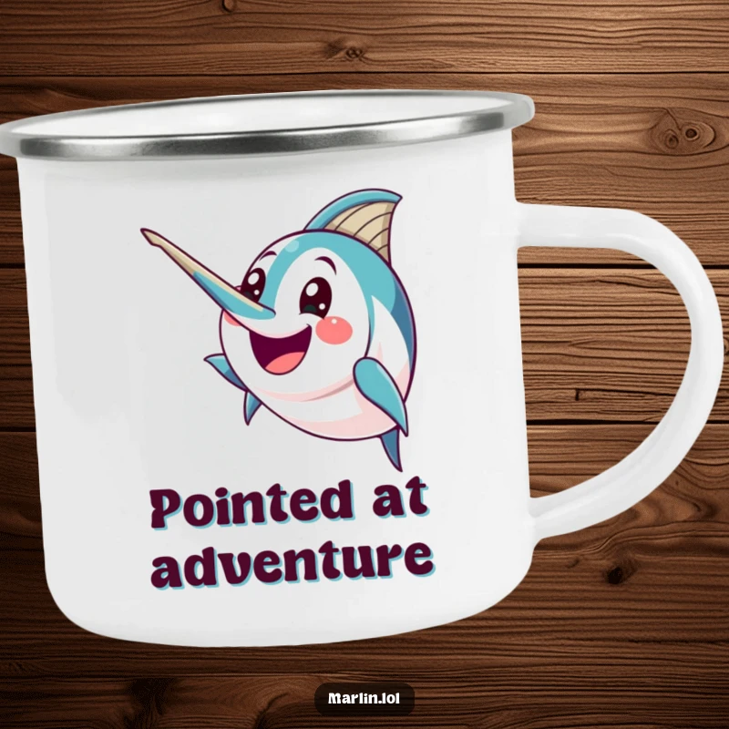 Funny Marlin Camping Mug: A happy marlin character humorously brandishes its pointed bill with excitement, ready for any outdoor pursuit.
