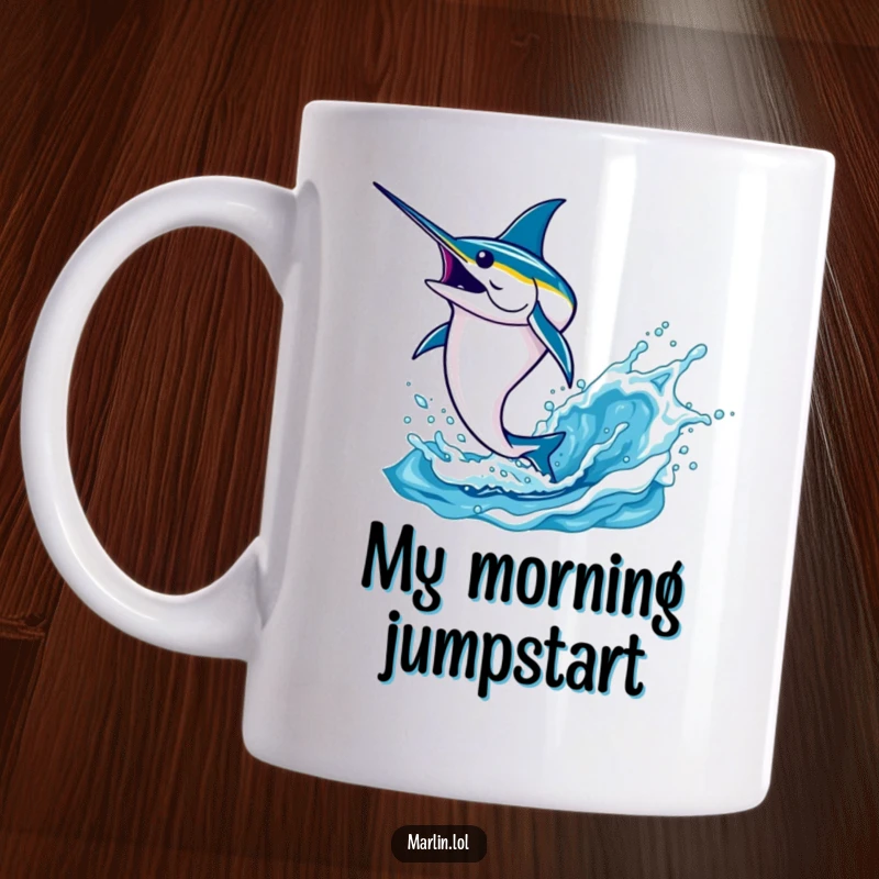 Funny marlin mug showing a determined fish leaping high from the water with a dramatic splash, capturing pure aquatic excitement.