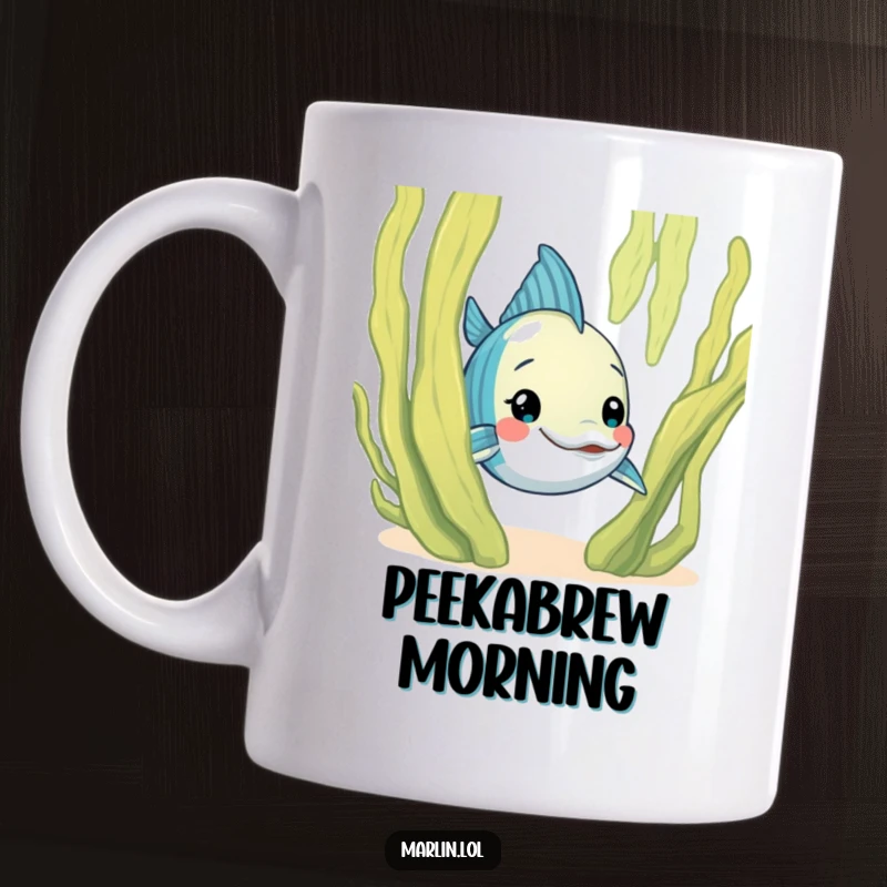 Funny Marlin Mug: A curious marlin character playfully peeks from behind a large, friendly seaweed frond in this cute design.