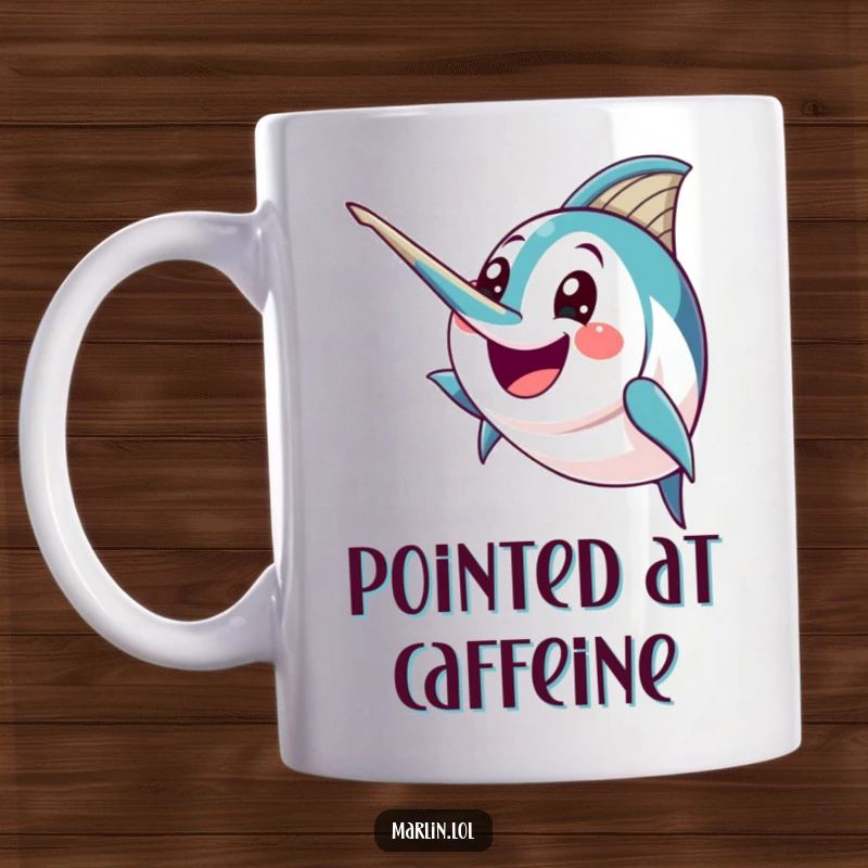 Funny Marlin Mug: A happy marlin character excitedly brandishes its pointed bill, showing enthusiasm and confidence.
