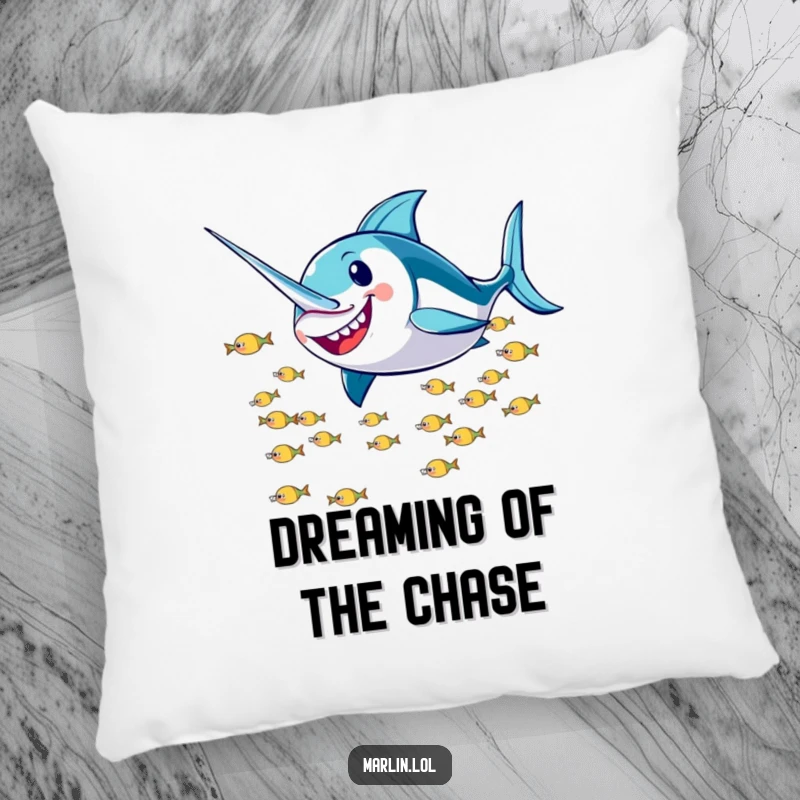 Funny Marlin Pillow: A smiling marlin character humorously zips past a school of tiny fish, offering comfortable and amusing decor.