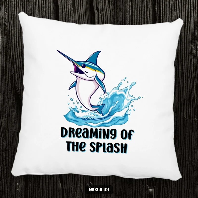 Funny marlin pillow featuring a determined fish leaping high out of the water with an impressive splash, adding comfort and style.