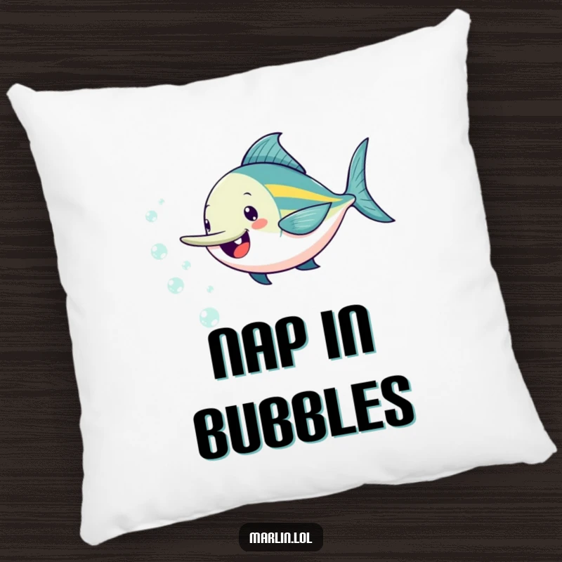 Funny marlin pillow with a cheerful fish playfully chasing sparkling bubbles, offering soft comfort and a dose of joy.