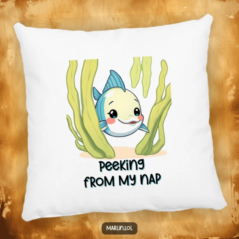 Funny Marlin Pillow: A curious marlin character humorously peeks from behind a friendly seaweed frond, providing cozy and amusing decor.
