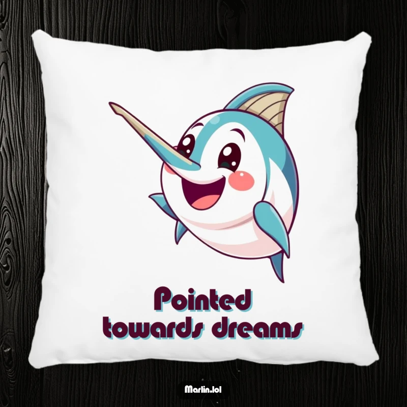 Funny Marlin Pillow: A happy marlin character humorously brandishes its pointed bill with excitement, offering comfortable and bold decor.
