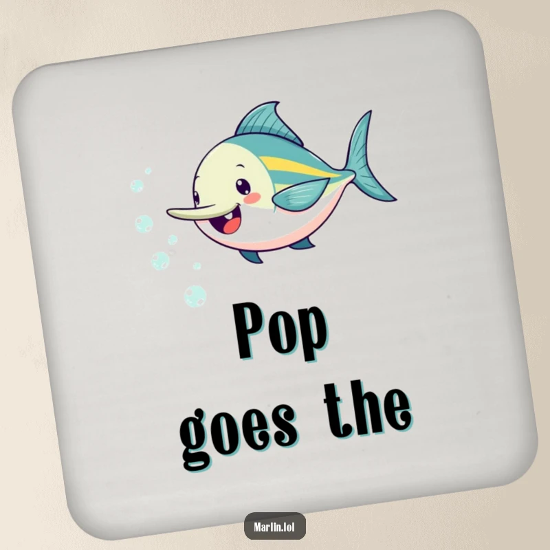 Funny marlin coaster featuring a cheerful fish playfully chasing tiny, sparkling bubbles, adding a splash of fun.
