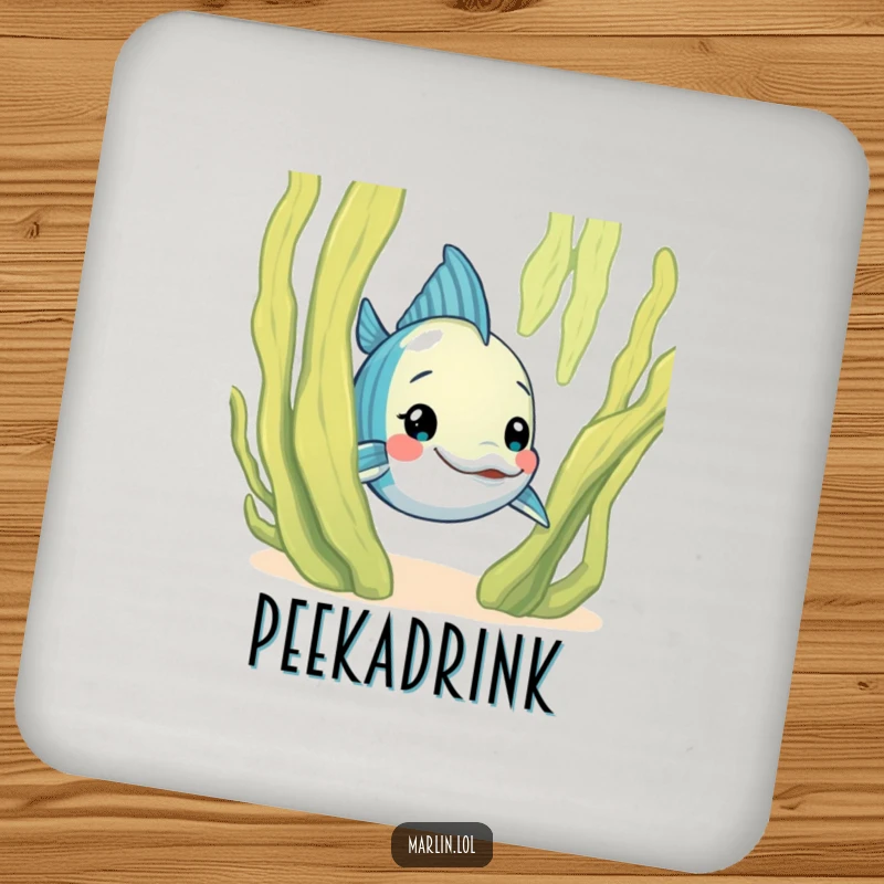 Funny Marlin Coaster: A curious marlin character humorously peeks from behind a large seaweed frond, adding playful protection.