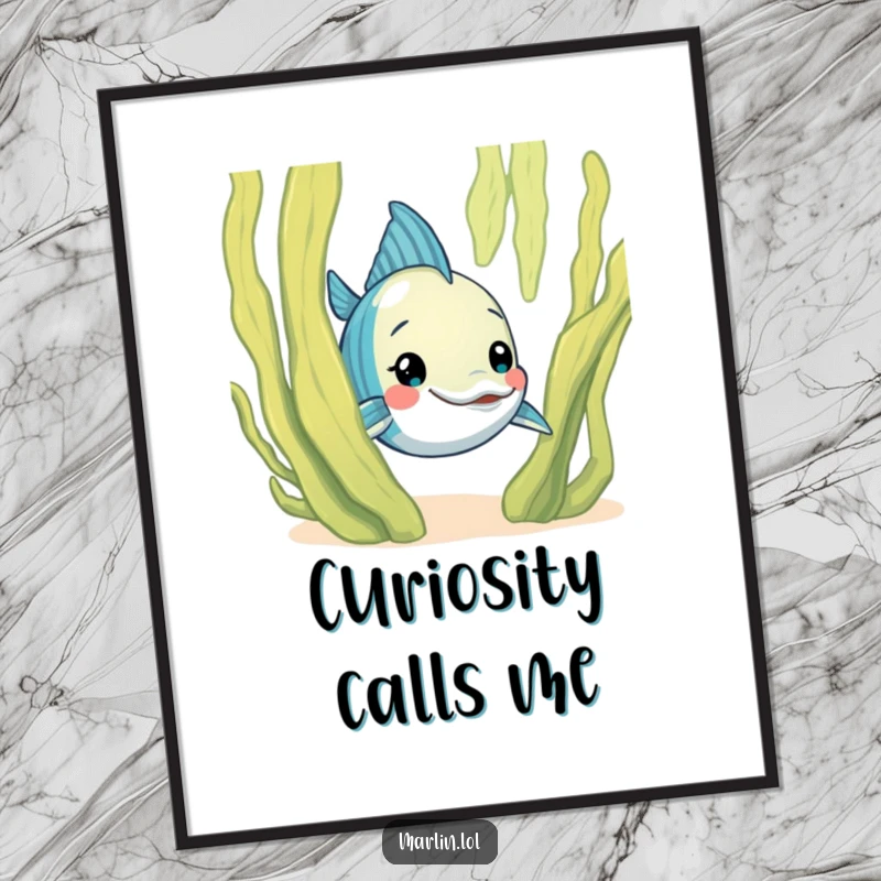 Funny Marlin Poster: A curious marlin character humorously peeks from behind a large, friendly seaweed frond in this charming underwater artwork.