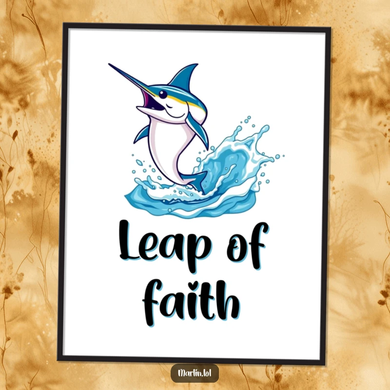 Funny marlin poster capturing a determined fish leaping majestically out of the water, creating a powerful and beautiful splash effect.