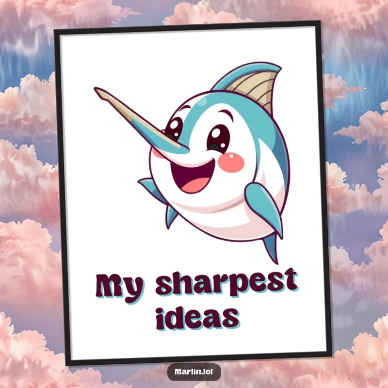 Funny Marlin Poster: A happy marlin character humorously brandishes its pointed bill with excitement, creating a dynamic and bold artwork.