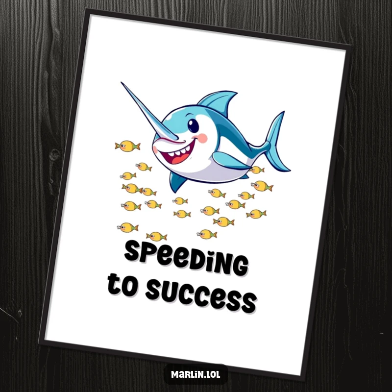 Funny Marlin Poster: A smiling marlin character humorously zooms past a school of small fish, creating a sense of speed and fun.