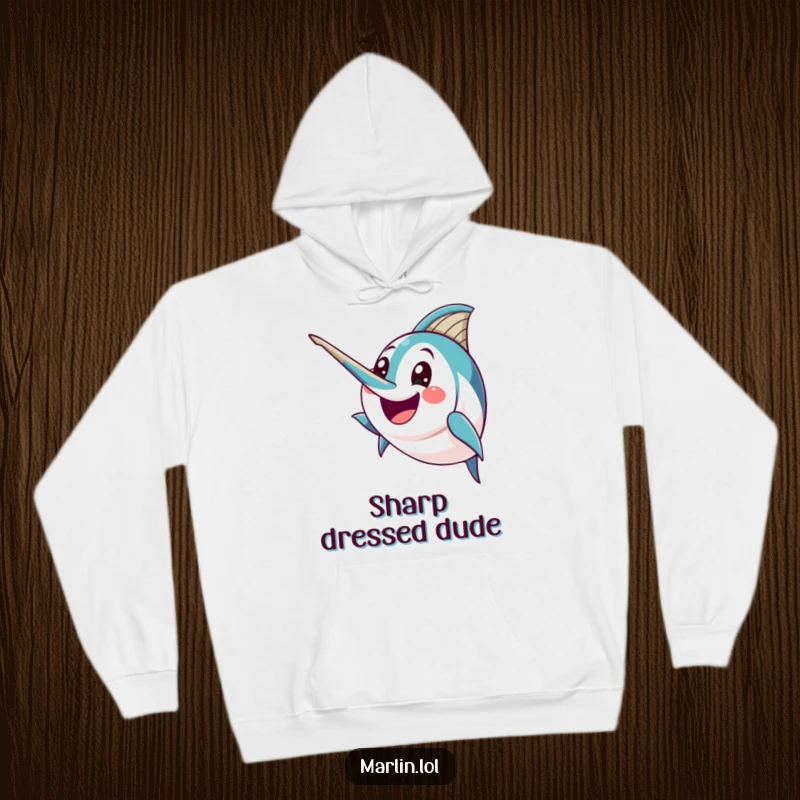 Funny Marlin Hoodie: A happy marlin character humorously brandishes its pointed bill with excitement, offering warm, bold style.