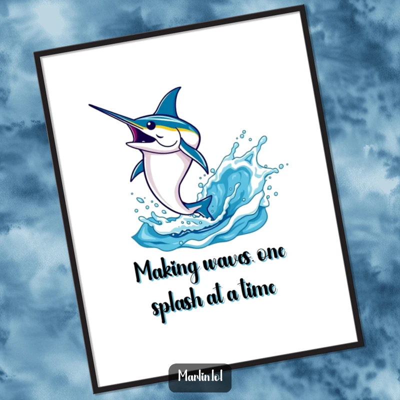 Funny Free Printable Wall Art: Dynamic illustration of a determined marlin leaping high out of a splashy ocean, perfect for nautical humor.
