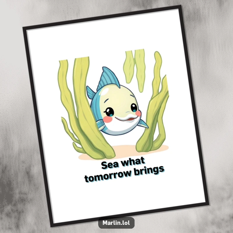 Funny Free Printable Wall Art: A curious marlin peeks from behind a large, friendly seaweed frond, adding a touch of underwater whimsy.