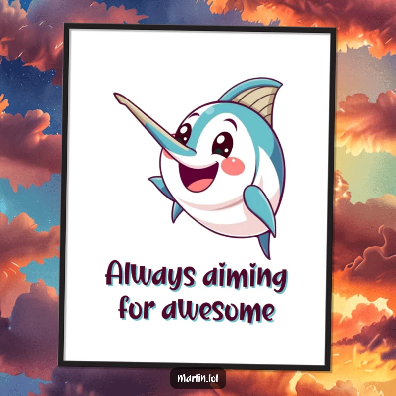 Funny Free Printable Wall Art: An excited marlin proudly brandishes its pointed bill, radiating energetic and humorous vibes.