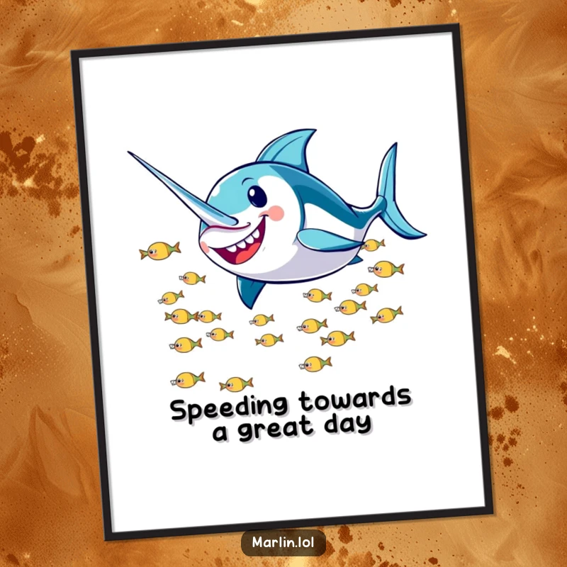 Funny Free Printable Wall Art: A smiling marlin playfully zooms past a school of tiny fish, depicting joyful, fast-paced energy.