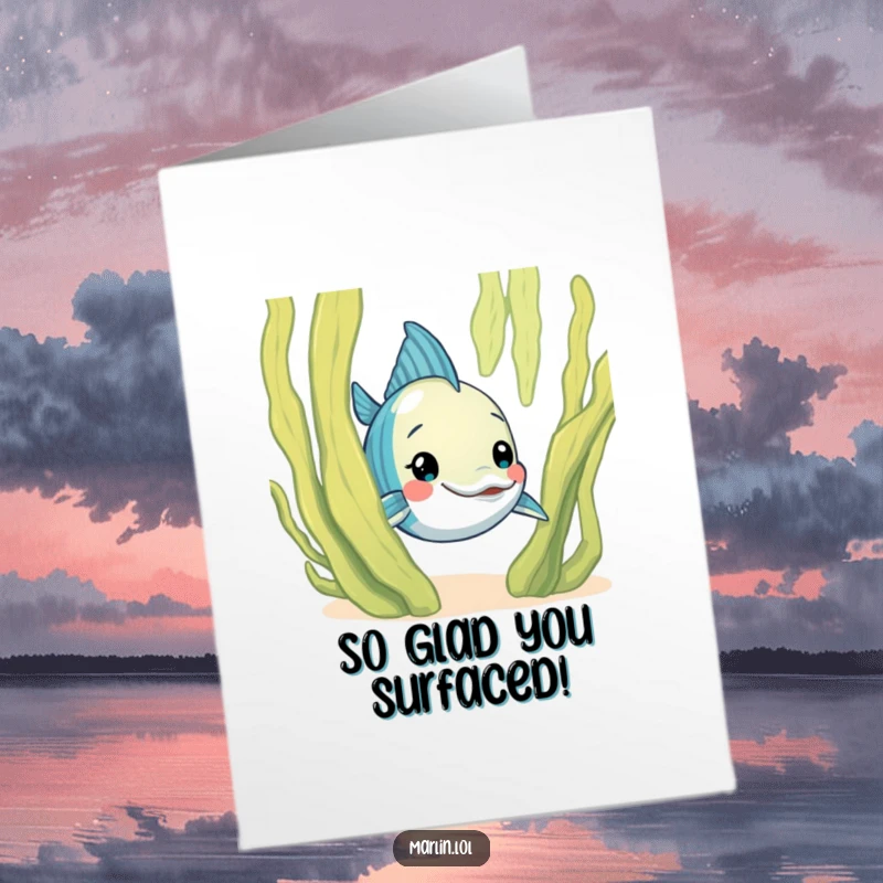 Funny Free Printable Congratulations Card: A marlin curiously peeks from behind a friendly seaweed frond, celebrating their amazing achievement.