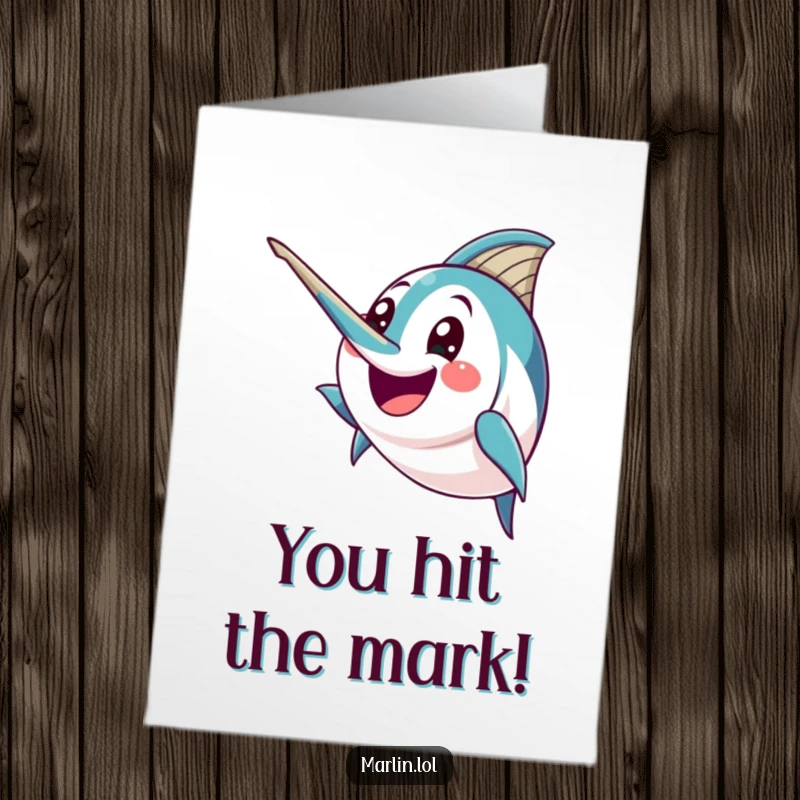 Funny Free Printable Congratulations Card: A marlin proudly points its bill with excitement, celebrating a remarkable achievement.