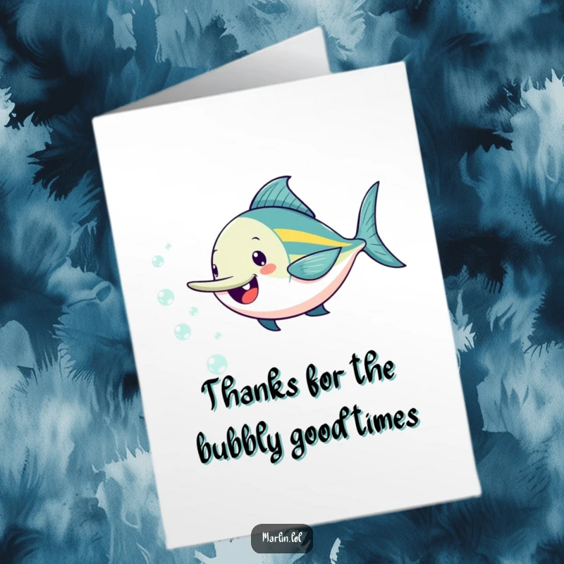 Funny Free Printable Thank You Card: A joyful marlin playfully swimming after small, shimmering bubbles, conveying thanks with a light heart.