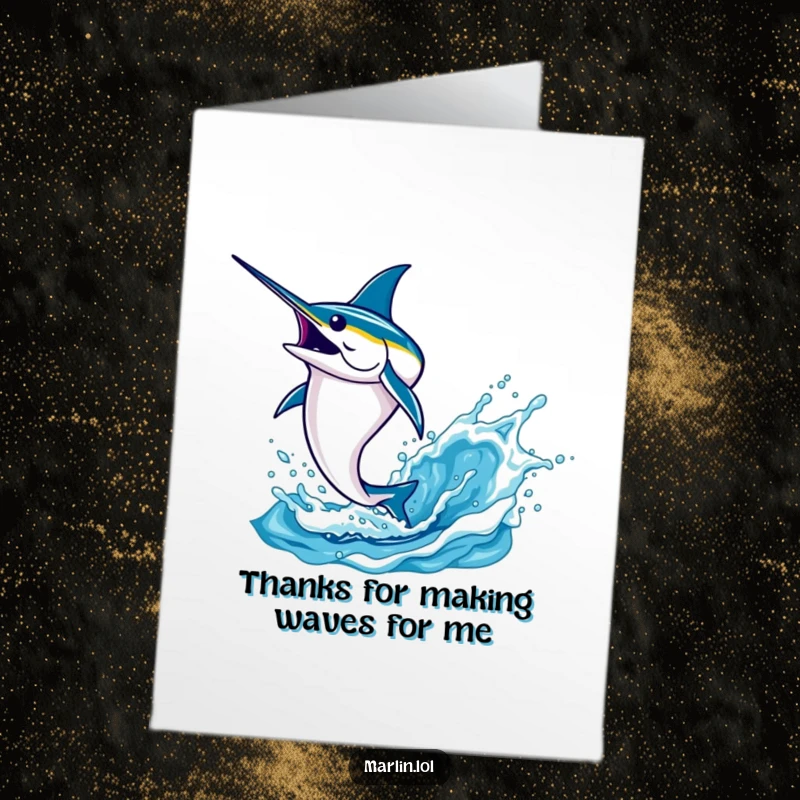 Funny Free Printable Thank You Card: Determined marlin leaping from ocean water, sending a splash to convey heartfelt gratitude and appreciation.