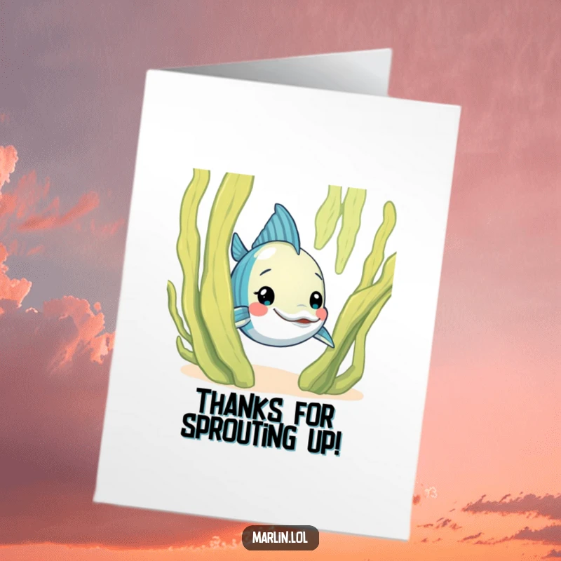 Funny Free Printable Thank You Card: A marlin with curious eyes peeks from behind a large seaweed frond, offering heartfelt, humorous thanks.