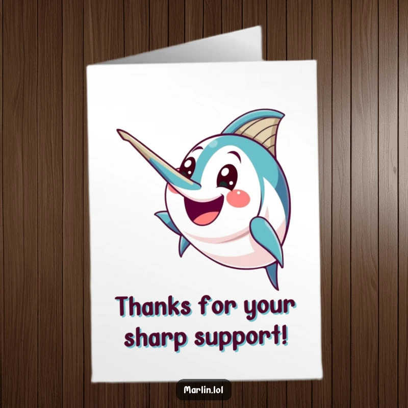 Funny Free Printable Thank You Card: A happy marlin brandishes its pointed bill with excitement, conveying thanks in a fun, memorable way.