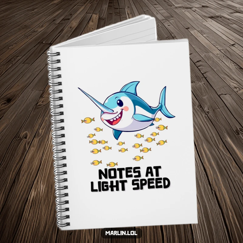 Funny Marlin Notebook: A smiling marlin character humorously zooms past a school of fish on the cover, ready for your notes.