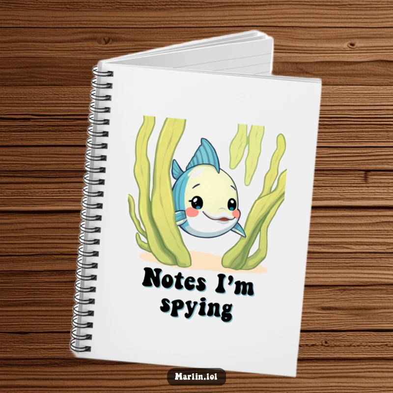 Funny Marlin Notebook: A curious marlin character humorously peeks from behind a large seaweed frond on the cover, ready for your notes.