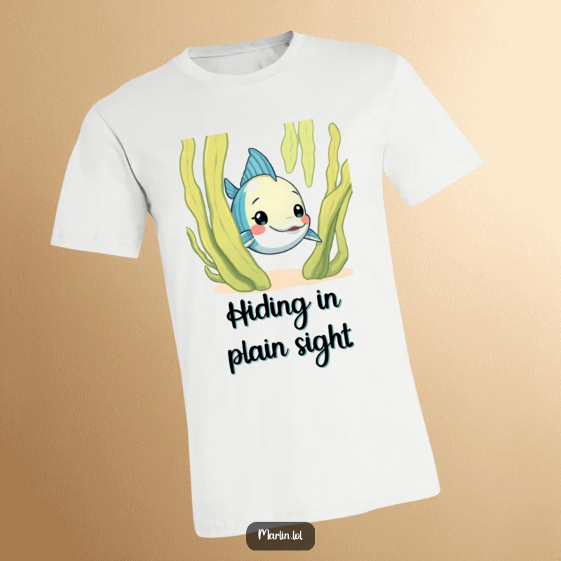 Funny Marlin T-Shirt: A curious marlin character is humorously shown peeking from behind a large, friendly seaweed frond.