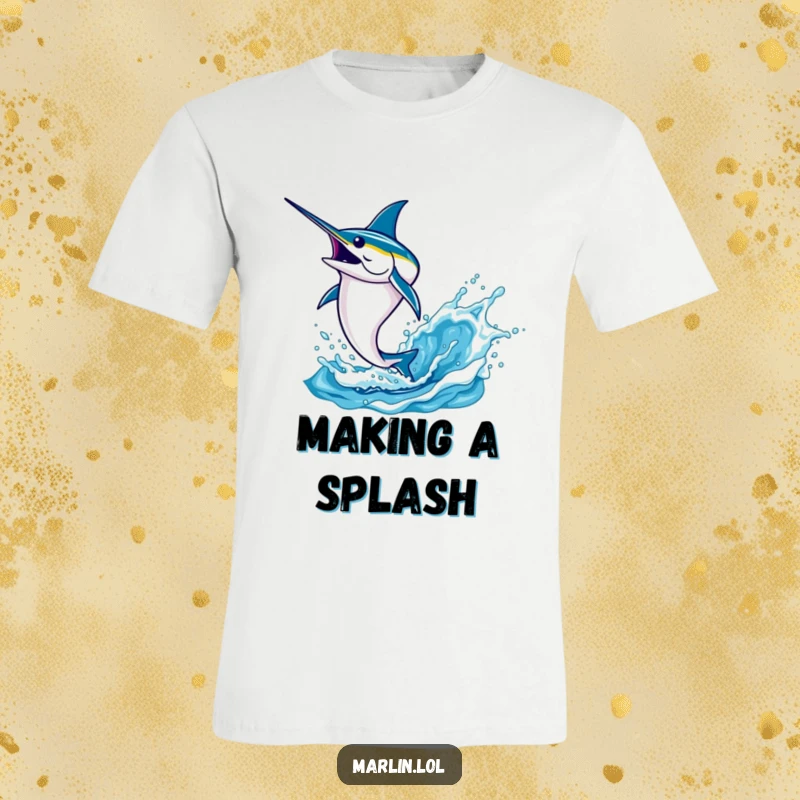 Funny marlin t-shirt featuring a determined fish leaping high out of the water with a powerful splash, symbolizing fishing triumph.