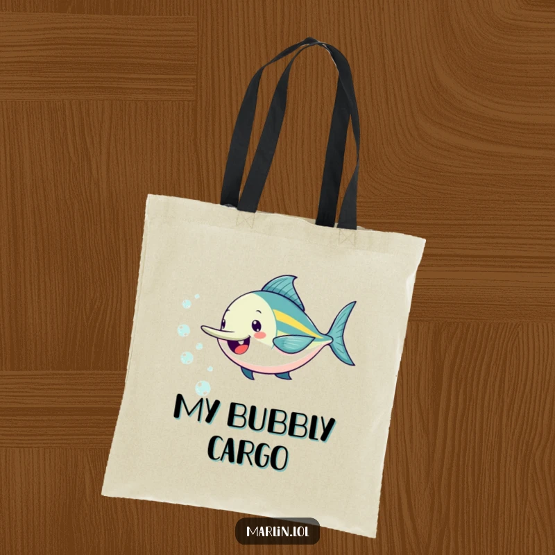 Funny marlin tote bag depicting a cheerful fish playfully chasing tiny, sparkling bubbles, perfect for everyday use.